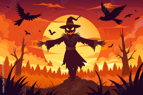 Scarecrow with Crows Flying in a Burning Sunset vector illustration
