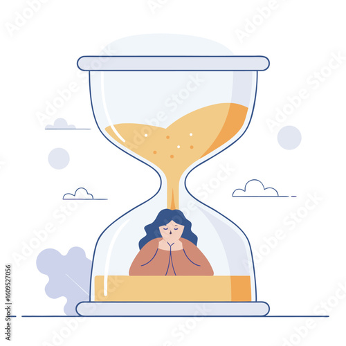 A woman trapped inside an hourglass with sand falling symbolizing the passage of time and feelings of confinement or waiting