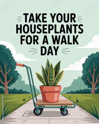 Take Your Houseplants for a Walk Day Illustration with Plant on Wagon