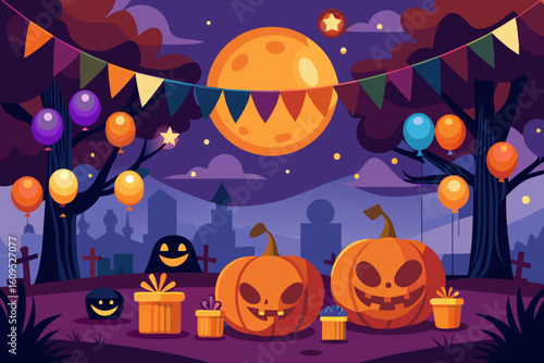 Halloween Party Background with Balloons and Lights vector illustration