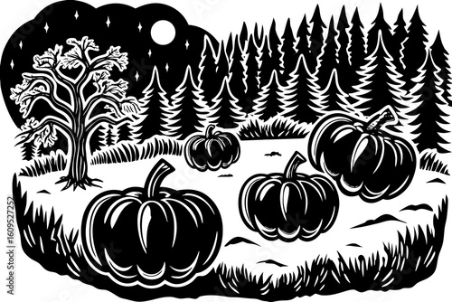 Dark Fantasy Landscape with Floating Pumpkins vector illustration