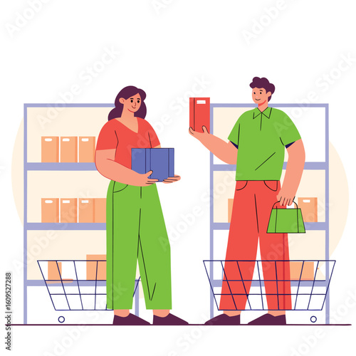 A man and a woman are shopping for items in a store holding boxes and bags with shelves of products behind them