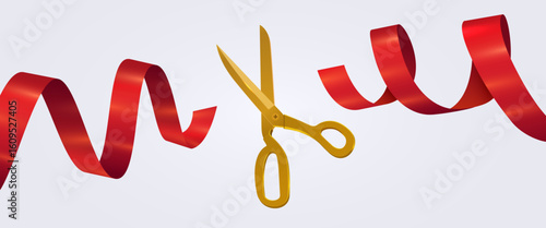 Grand Opening Event. Festive Ribbon Cutting Ceremony with Golden Scissors. Vector illustration