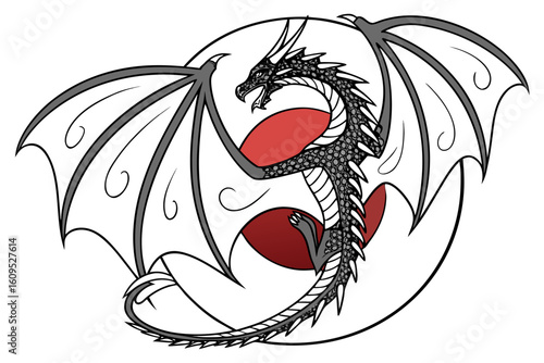 Vector Style Dragon Swirling Around a Red Orb vector illustration
