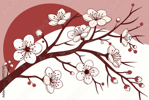 Beautiful Plum Blossom Branches on Subtle Red Gradient vector illustration