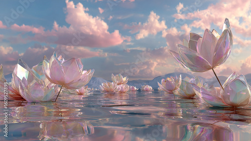 A surreal lake with floating crystal lilies