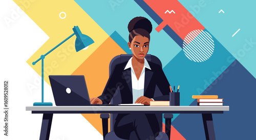 Black businesswoman working on laptop at desk, perfect for websites and marketing materials.