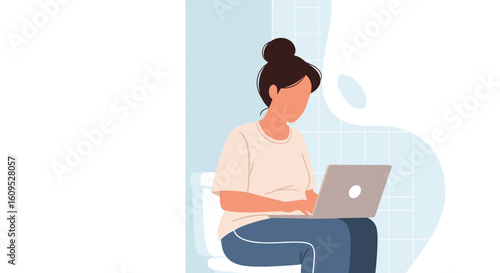 Woman working on laptop while sitting on toilet - illustration for blog post or article about work-life balance.