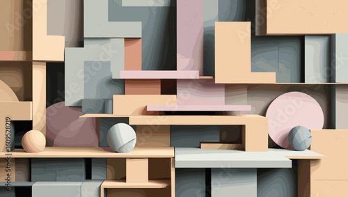 Abstract geometric composition with pastel colors and 3D shapes