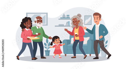 Happy multigenerational family gathering at home, perfect for family, togetherness, and generational connection themes.