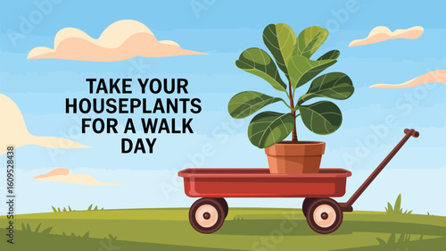 Take Your Houseplants for a Walk Day Illustration with Plant on Wagon