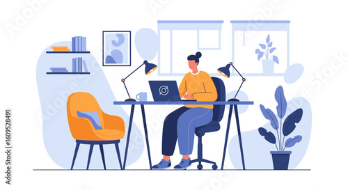 Woman working from home on laptop, perfect for websites, blogs, and articles about remote work.