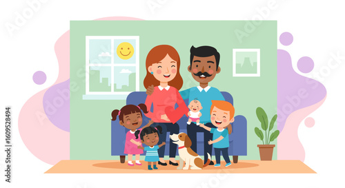 Happy diverse family with children and pet dog at home. Ideal for family-themed websites, brochures, and advertisements.