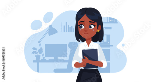 Sad Businesswoman Crying at Desk - Illustration for articles about workplace stress, burnout, or mental health.