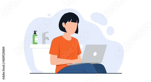 Woman working on laptop in bathroom - Illustration for website or blog post about remote work, multitasking or modern lifestyle.