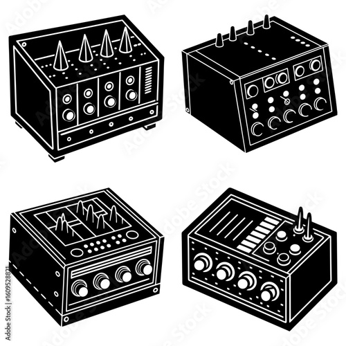 Four black and white illustrations of vintage electronic audio equipment with knobs and buttons displayed