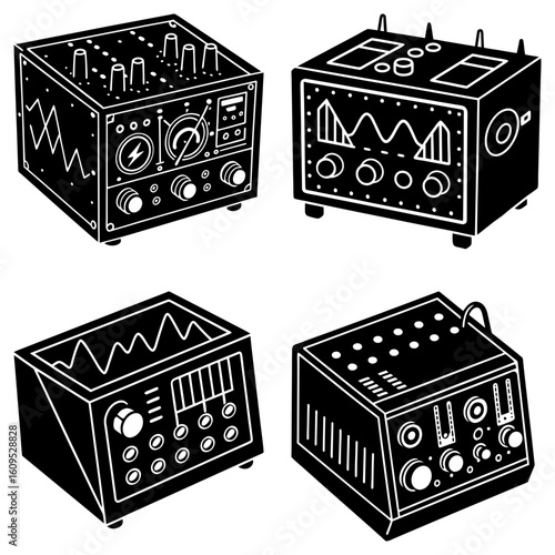 Four isometric vintage electronic devices with knobs and displays in black and white illustration