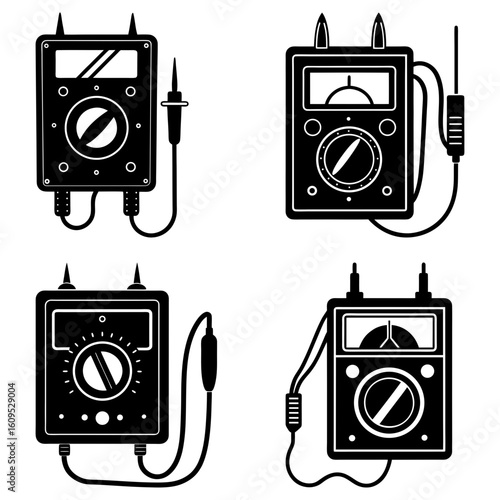 Illustration of four different analog multimeters with various styles and probe configurations shown in black