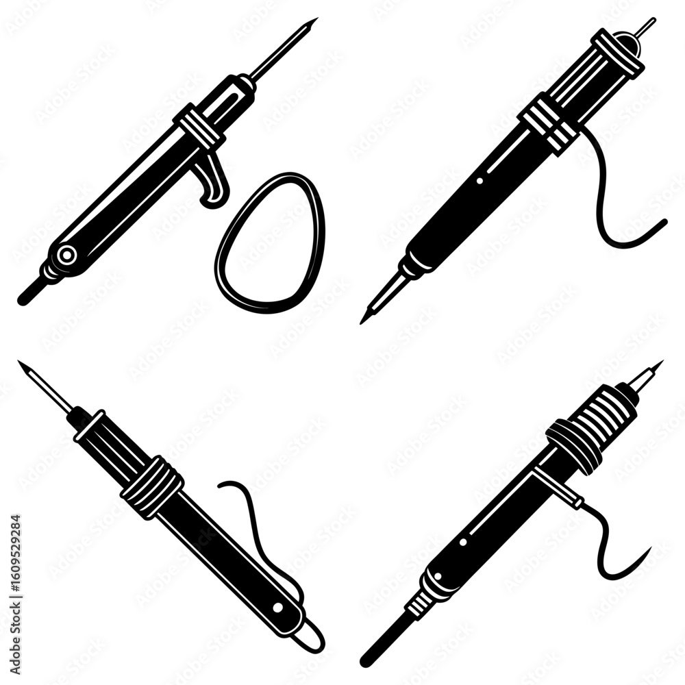 Naklejka premium Illustration showing a selection of soldering irons and a rubber band on a white background