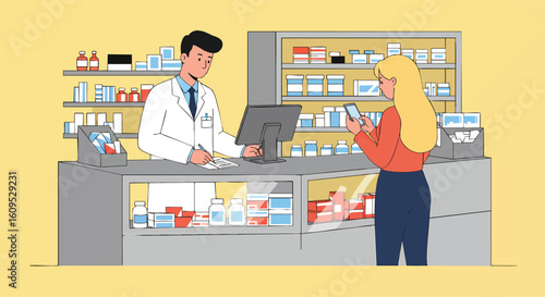 Pharmacist assists customer in pharmacy healthcare service
