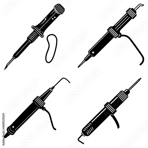 Illustration of four soldering irons with different designs shown in a black and white graphic style