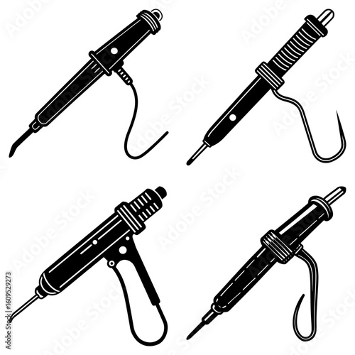Illustration showing four different soldering irons with varying designs and handle styles on white background
