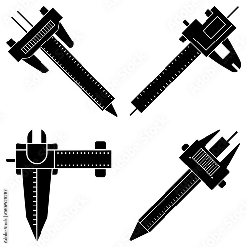 Illustration of four black and white vernier calipers displayed in varying orientations on a white background