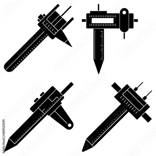 Illustration showcasing four distinct black calipers in varying orientations and configurations shown on white