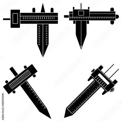 Illustration showing four black calipers in different orientations on a white background design element