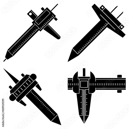 Illustrative representation of four calipers in varying orientations and configurations shown in black and white