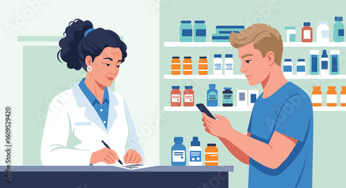 Pharmacist assisting young man with prescription medication