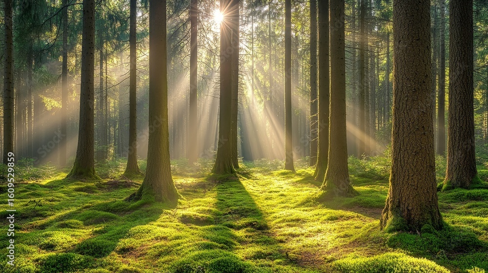 Obraz premium A bright spring morning finds a forest of green trees illuminated by warm sunlight