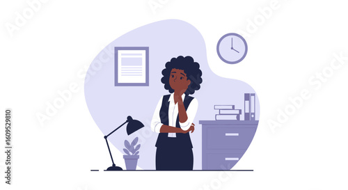 Thoughtful businesswoman in office setting; perfect for websites, articles about stress, or work-life balance.