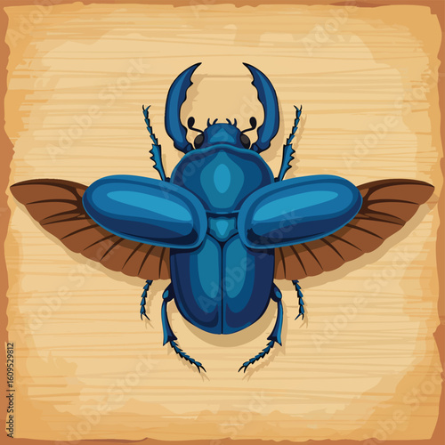 Vibrant Blue Beetle Insect with Spread Wings and Horns Illustration.