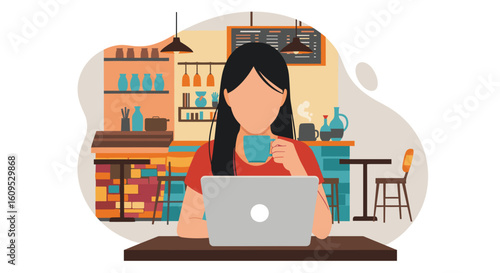 Woman working on laptop in a cafe, perfect for blog posts about remote work or coffee shop culture.