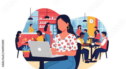 Diverse group of people working and socializing in a modern cafe, perfect for illustrating a collaborative work environment or a company culture.