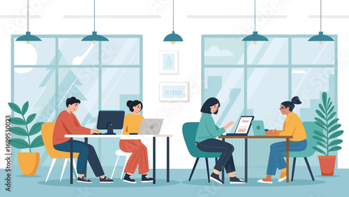 Diverse team of colleagues collaborating in a modern, bright office. Ideal for websites, brochures, and presentations on teamwork and productivity.