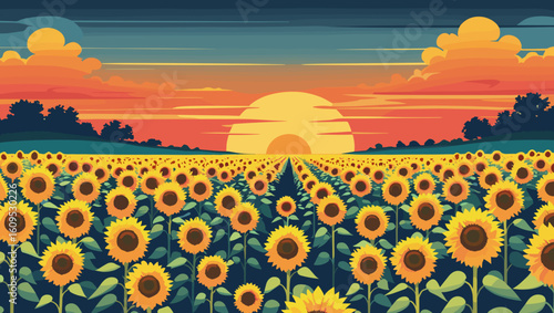Vibrant sunflower field at sunset with a colorful sky and dramatic clouds