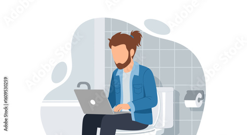 Man working on laptop while sitting on toilet - illustration for blog post or article about work-life balance.
