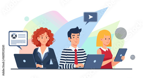 Diverse team of professionals working together on laptops and tablet, ideal for business websites and presentations.