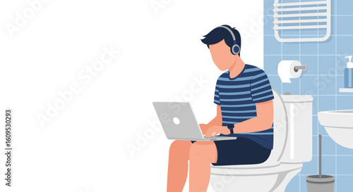 Man working on laptop while sitting on toilet - Illustration for articles about remote work, work-life balance, or humor.