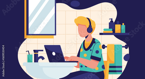 Young man working on laptop in bathroom, perfect for articles about remote work, work-life balance, or modern lifestyle.
