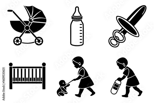 Baby Care and Childhood Essentials Icons.