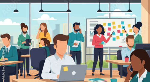 Diverse team collaborating in a modern office, perfect for illustrating teamwork and productivity on a company website or brochure.