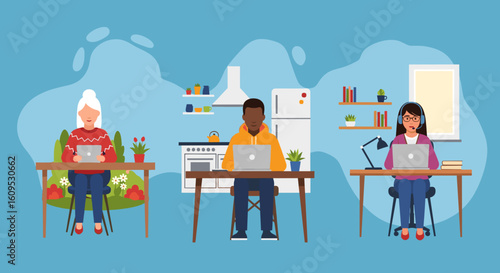 Diverse group of people working remotely from home, perfect for illustrating work from home concepts on websites or presentations.