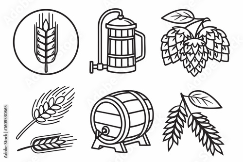 Barley Hops and Beer Barrel Icons.