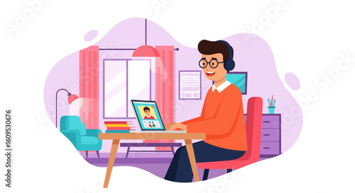 Happy man video conferencing from home office, perfect for websites or blogs about remote work.
