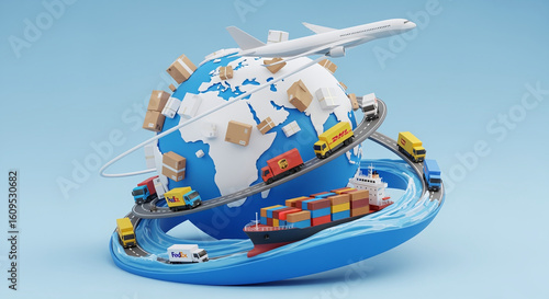 Worldwide logistics and e-commerce concept: A 3D composition featuring a globe covered in parcels, a cargo airplane, a container ship, and delivery trucks. The entire scene is rendered in a clean, sty