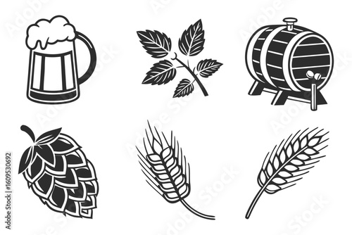 Beer Mug Hops Barley and Barrel Icons.