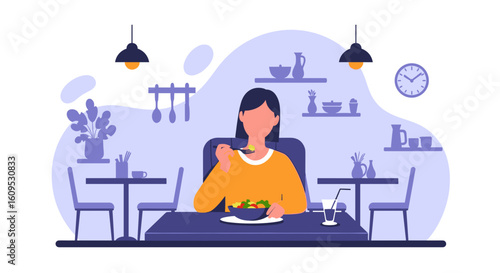 Woman enjoying a healthy salad in a cafe - perfect for restaurant menus, blog posts about healthy eating, or lifestyle websites.
